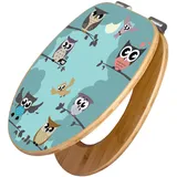 Banjado Design WC Sitz Bambus Holz Toilettendeckel Mit Absenkautomatik Klodeckel WC-Sitz Soft Close Mit Motiv Acht Eulen