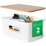 Novaliv 2er Set Eleganter Aufbewahrungskorb mit Holzdeckel in Rattan-Optik | Weiß Lebensmittelecht Kunststoff 14L – Perfekt für Bad & Kleidungsauf