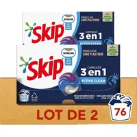 Skip Waschmittel Kapseln 3-in-1 Active Clean ohne Kunststoffverpackung, 76 Stück, Effizienz, Pflege der Fasern und langanhaltende Frische, 76 Waschgänge (2 x 38 Kapseln)