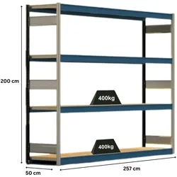 PROREGAL Weitspannregal ELCH Stecksystem T-Profil | Grundregal | HxBxT 200x257x50cm | 4 Ebenen | Spanplatten-Fachboden | Fachlast 400kg | Enzianblau