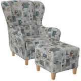 Supellex Sofia Ohrensessel mit Hocker Design Patchwork Côte D'Azur