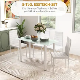 Homcom 5-tlg. Essgruppe, Esstisch mit 4 Stühlen, Küchentisch mit Hartglasplatte, Esszimmergruppe, Esszimmermöbel, Esstisch Set für Küche, Weiß