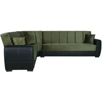 Dmora - Schlafsofa mit Halbinsel Matias, Ecksofa mit Stauraum aus Kunstleder und Stoff, Sofa mit klick-Klack-Öffnung, 305 x 238 x 91 cm, Schwarz und Grün