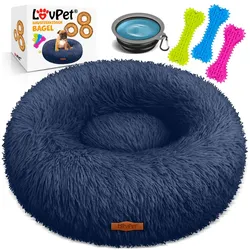 LOVPET® Hundebett Hundekissen Katzenbett Bagel, Waschbar, Inkl. Napf + 3x Kauknochen, Hundesofa flauschig Kissen Rund aus Plüsch für Kleine, Mittelgroße & Große Hunde, Katzen