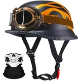 Deutsche Motorrad Jethelm ECE-Zertifizierung, Vintage Halbhelme Halbschalenhelm mit Schutzbrille Chopper Helm für Cruiser Street Scooter mit Schnellverschlussschnallen 22.4-25.2in