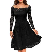 Damen Vintage 1950er Off Schulter Cocktailkleid Spitzen Schwingen Pinup Rockabilly Kleid Abendkleid Lange Ärmel Elegant, Schwarz - M