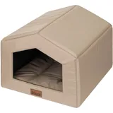 DOGGY Hundehütte – Hundehöhle mit Kissen - Winterfest Wasserdicht Wetterfester – Warm Hundehaus - Katzenhaus Für Draußen - Haustiere Kleine Hund Katze 46x50x38 cm - Beige