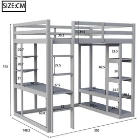 stilvora Hochbett mit Schreibtisch 140 x 200 cm Kiefer massiv grau