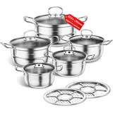 Edelstahl Kochtopfset, Kochtopfset 12-teilig Induktion Kochtopfset, Arbeitet für Induktion/Elektro- und Gasherde, Kochtopfset mit Glasdeckel (Silber S)