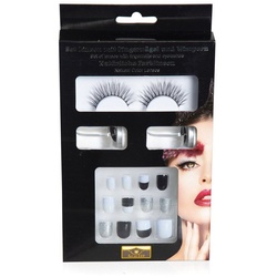 Metamorph Bandwimpern SFX Make-up Set schwarz-silber, Kompaktes Schminkset mit Wimpern, Kontaktlinsen und Fingernägeln schwarz