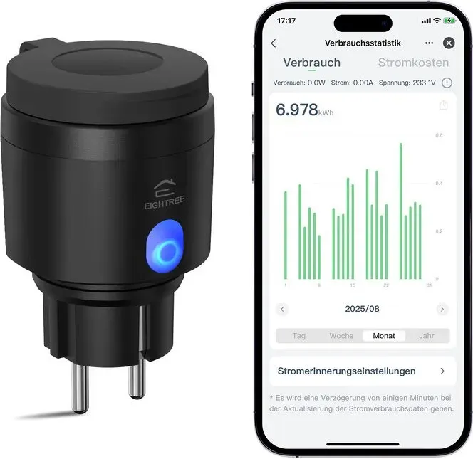 EIGHTREE WLAN Steckdose Outdoor mit Strommessung, IP44 Wasserdicht, Smarte Zeitschaltuhr Außenbereich, App & Fernsteuerung, Sprachsteuerung mit Alexa & Google Home, 2,4 GHz, 1er Pack