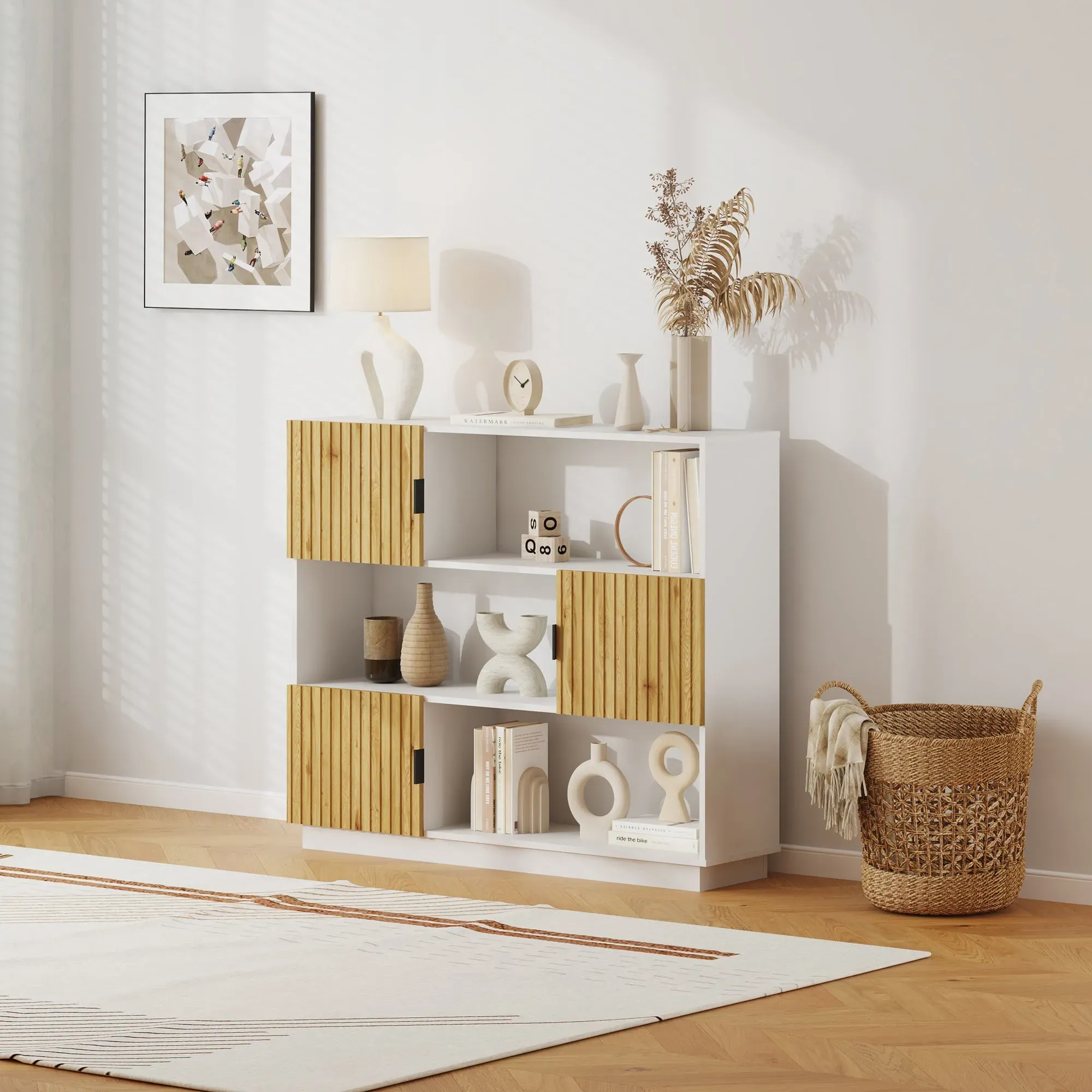 Bücherregal Verhundar 102x120x30 cm Weiß/Holzfarben [en.casa]