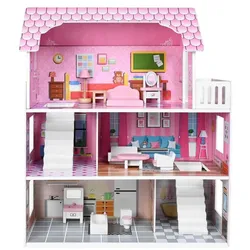 AUFUN Puppenhaus Puppenstube Holzpuppenhaus mit 3 Etage Puppenvilla, mit Möbeln rosa