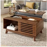 Merax Couchtisch höhenverstellbar Sofatisch Walnuss Retro Beistelltisch (1-St), Wohnzimmertisch mit Jalousietür & Stauraum, 90x55x57,5cm braun