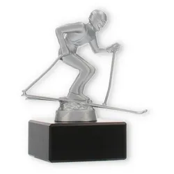 Pokal Metallfigur Ski Alpin silbermetallic auf schwarzem Marmorsockel 12,0cm