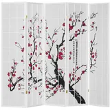 Homestyle4u Paravent Weiß Holz Shoji Reispapier Kirschblüten Shoji