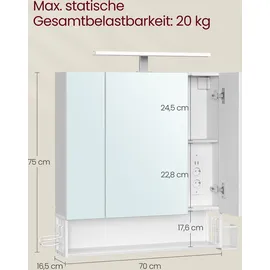 VASAGLE Badschrank mit Steckdosen, und 3 Türen, wolkenweiß