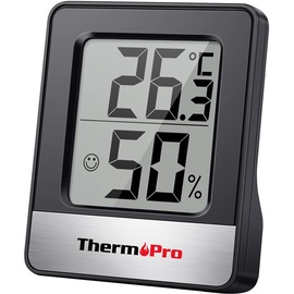 ThermoPro TP49B digitales Mini Thermo-Hygrometer Thermometer Hygrometer innen Temperatur und Luftfeuchtigkeitmessgerät mit Smiley-Indikator für Raumklimakontrolle, Schwarz