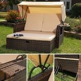 Gartenliege Polyrattan Bett in braun inkl. Sonnendach Rattan Sofa Loungeliege