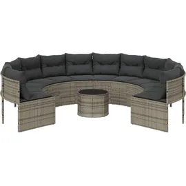 vidaXL Gartensofa mit Tisch und Kissen Rund Grau Poly Rattan