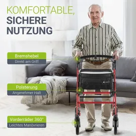 Juskys Aluminium Wohnungsrollator Aktiv mit Tasche und Tablett schmal faltbar rot