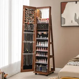 Costway Schmuckschrank mit Rollen, Spiegelschrank abschließbar mit LED-Leuchten & verstellbaren Ablagen, Standspiegel Schmuckregal Ganzkörperspie... - Braun