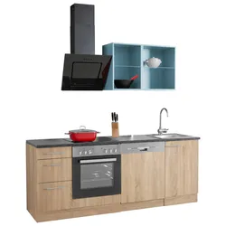 Küchenzeile OPTIFIT "Mini", blau (front: eichefarben, blau, korpus: eichefarben, arbeitsplatte: anthrazit), B:210cm T:60cm, Komplettküchen-Sets, Breite 210 cm, wahlweise mit E-Geräten, mit Arbeitsplatte