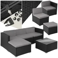 tectake Loungeset rattan Sitzgruppe Lignano mit Tisch aus Sicherheitsglas, (Polyrattan Lounge Lignano, 5-tlg., in schwarz), UV-beständiges Polyrattan, wasserabweisende Bezüge schwarz