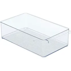 Relaxdays Kühlschrank Organizer, Aufbewahrung von Lebensmitteln, HBT: 10x20,5x36,5 cm, Küchenbox mit Griff, transparent