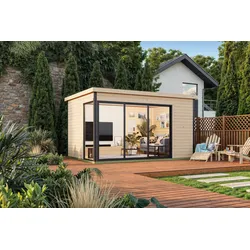 Gartenhaus NORDIC HOLZ "AUSTIN 6", beige (natur), Fußboden im Gartenhaus, Massivholzdach, Holz, Gartenhäuser