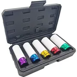 Steckschlüsselsatz Stecknüsse 5tlg Kraft Schoneinsätze 1/2" Alufelgen 15, 17, 19, 21 und 22mm Cr-Mo Schlagschrauber Nüsse Schonnüsse Werkzeug für Radwechsel Reifenwechsel | 78mm Länge