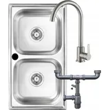 OEM Doppelspüle links Einbau Edelstahl 780 x 430 mm Handbetätigung