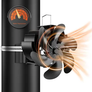 Zgrmbo Kaminventilator, 6 Blätter Wärmebetriebener ofenventilator mit magnetischem Thermometer, Upgrade-ofenventilator für ofenrohr, leise kamin ventilator für Scheitholzbrenner Metall-Holzofen-Rohr