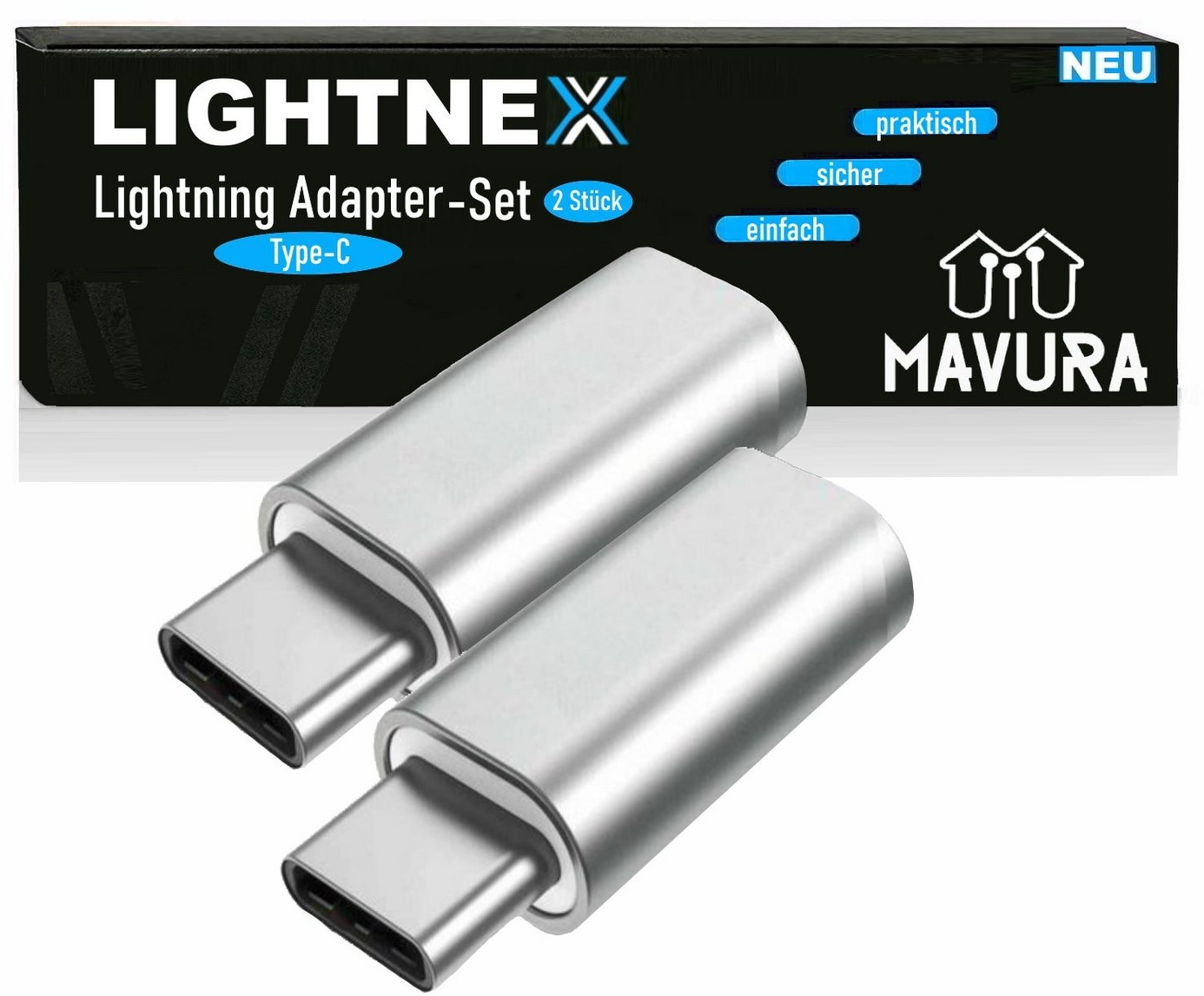 MAVURA LIGHTNEX Lightning auf Type-C Adapter lightning type c adapter Smartphone-Adapter Smartphone-Adapter zu Adapter lightning type c, Stecker für Apple iPad iPhone 8 9 X 11 12 13 14 [2er Set] silberfarben