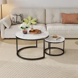 stilvora Couchtisch-Set 2-teilig rund,Wohnzimmertisch mit rutschfesten Fußpads, Beistelltisch mit Metallrahmen und Tischplatte Steinoptik - Schwarz