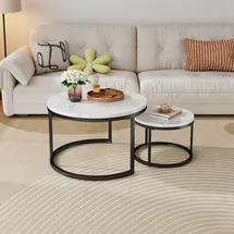 stilvora Couchtisch-Set 2-teilig rund,Wohnzimmertisch mit rutschfesten Fußpads, Beistelltisch mit Metallrahmen und Tischplatte Steinoptik - Schwarz