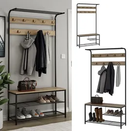 Vicco Garderobe Fyrk, 100 x 190 cm, Eiche Schwarz, Ablage, Bank & Kleiderhaken,