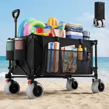 Devoko Faltbarer Bollerwagen für Strand, mit übergroßen PU-Rädern, Klappbarer Bollerwagen Faltbar bis 150 kg, Handwagen mit 4 Aufbewahrungstaschen, Faltbollerwagen für jedes Gelände, Schwarz.