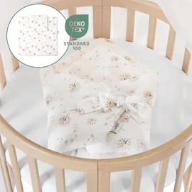 Waldin Oval Babybett OWAL aus Holz 7in1 mit Matratze, mitwachsend,Stoffe Champagner Löwenzahn,Holz natur - Naturbelassen
