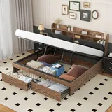 MODFU Boxspringbett Hydraulisches 140 x 200 cm mit 2 Schublade, Metallbett Funktionelles mit Stauraum-Kopfteil und Lattenrost, Doppelbett Stauraumb... - Schwarz