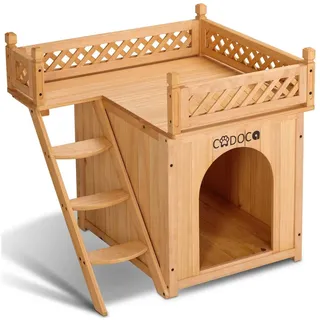 CADOCA - Tierhaus Fsc®-zertifiziertes Kiefernholz 66x53x64cm 2-stöckig Treppe Sonnenterrasse Katzenhaus Katzenhütte Hundehütte Katzenvilla Lodge Balkon