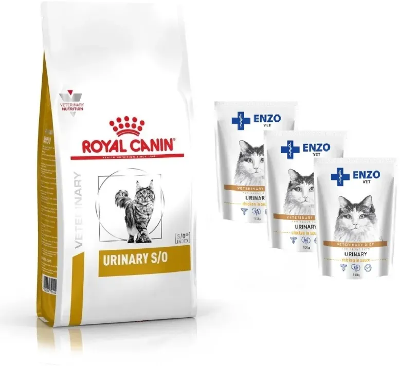 ROYAL CANIN Urinary S/O LP34 7kg + ENZO VET Urinary mit Huhn in Sauce für Katzen 3x100g