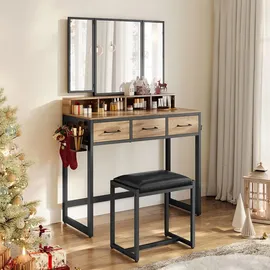 VASAGLE Schminktisch mit Hocker Eichenbraun-Schwarz