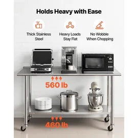 Vevor Edelstahltisch Gastro 1524 x 610 x 894 mm, Verstellbarer Edelstahltisch mit Rollen, Aufkantung (30 mm), Arbeitstisch mit Grundboden für Restaurant Obere Ablage (254 kg) Untere Ablage (209 kg)