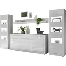 furn.design Wohnwand, Weiß, Weiß Hochglanz, Grau, Holzwerkstoff, Nachbildung, Uni, 7 Fächer, 3 Schubladen, 369x198x42 cm, Wohnzimmer, Wohnwände, Wohnwand-Sets