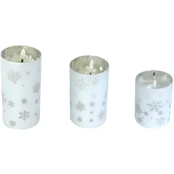 LED Echtwachskerze in Glaswindlicht 3er Set Silber Schneeflocken Motiv Timer