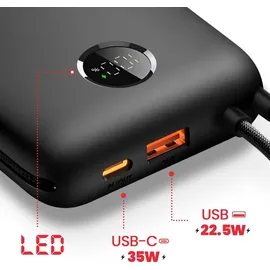 Swissten Swissten, Externer Akku 20000mAh Integrierte USB-C Lightning-Kabel LED-Anzeige, Schwarz