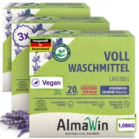 AlmaWin® Vollwaschmittel Pulver [3x 1,08kg - 60 Ladungen] mit Lavendel-Duft für strahlende Reinheit - Waschmittel Pulver für alle weißen & farbechten Textilien [30-95°C] - Veganes Voll-Waschpulver