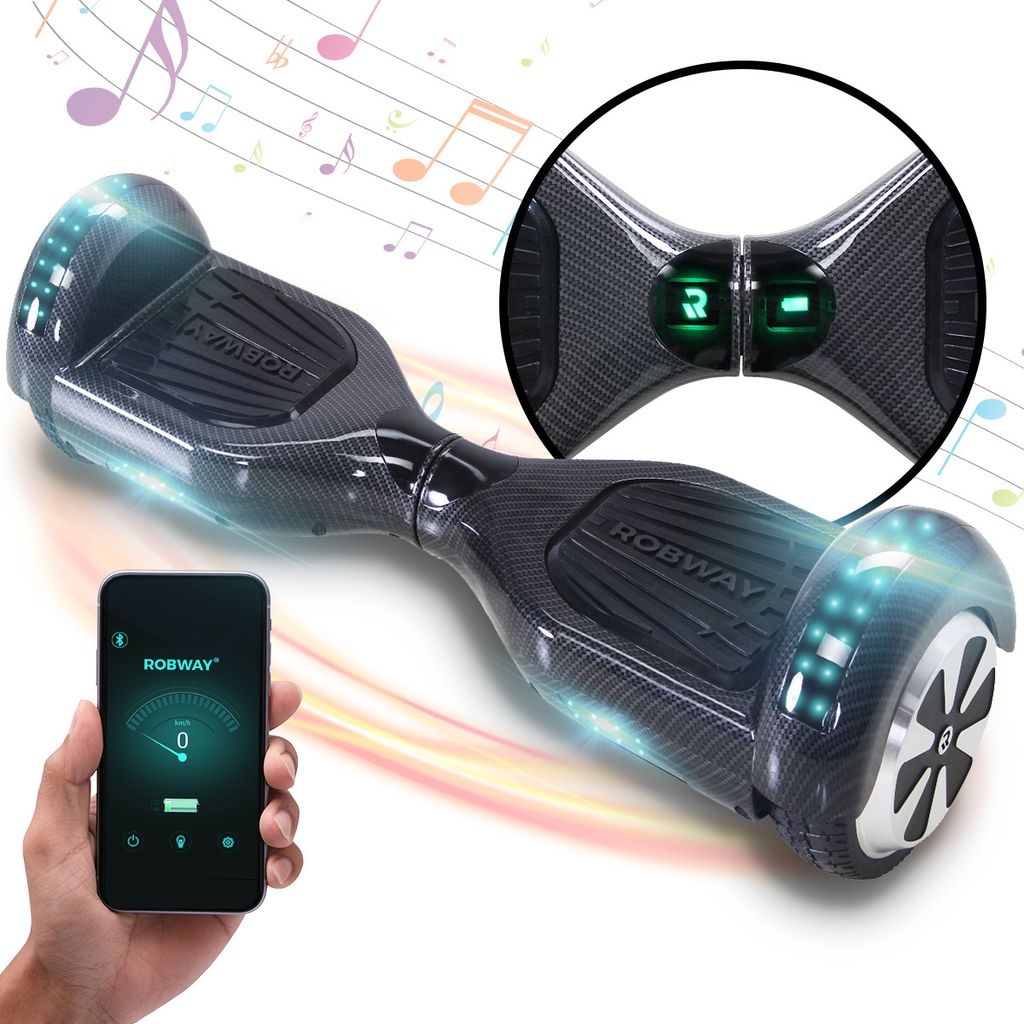 ROBWAY W1 - Hoverboard für Erwachsene & Kinder - 6,5 Zoll - 15 km/h - 20 km - Self-Balance - Bluetooth - App - 700 Watt - LEDs (Carbon)