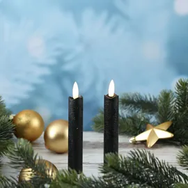 MARELIDA LED Stabkerzen Flamme Echtwachs - flackernde warmweiße LED - Timer schwarz